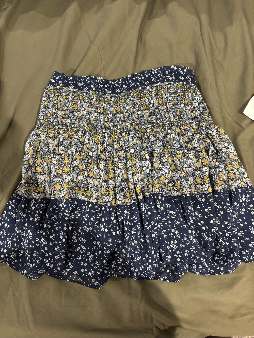 Banana Republic Navy Floral Smocked Tiered Mini Skirt with Yellow Accents
